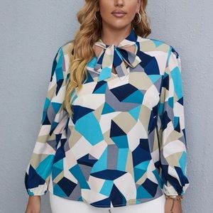 Plus Geo Print Tie Neck Blouse (NEVER WORN)